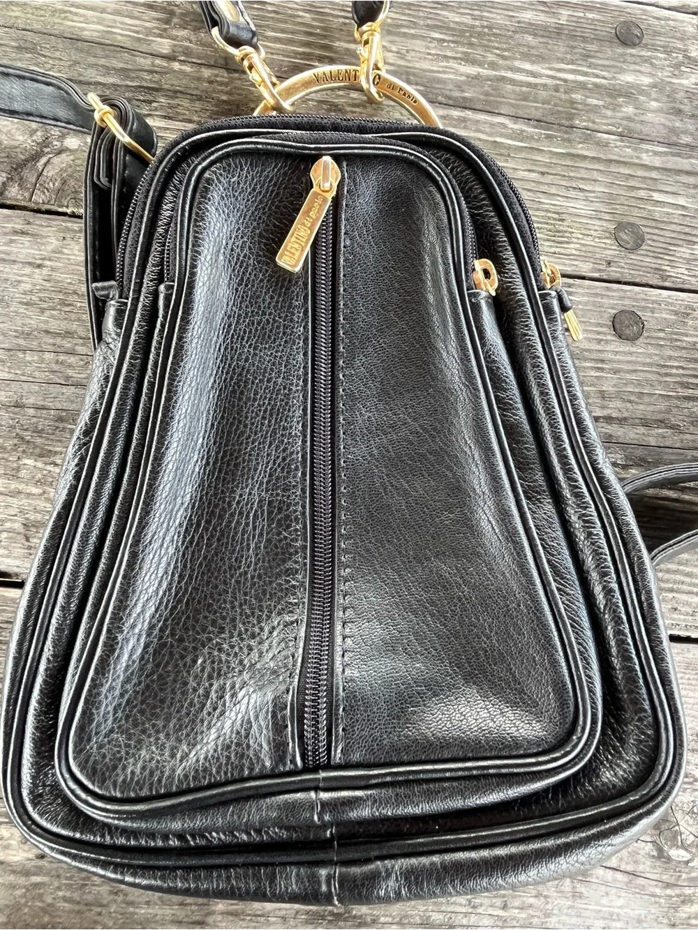 VALENTINO Black Leather Crossbody Bag with Gold Hardware - MINI